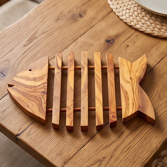 Handcrafted Fish Shaped Olive Wood Trivet (26x19 cm) | Hot Pad
