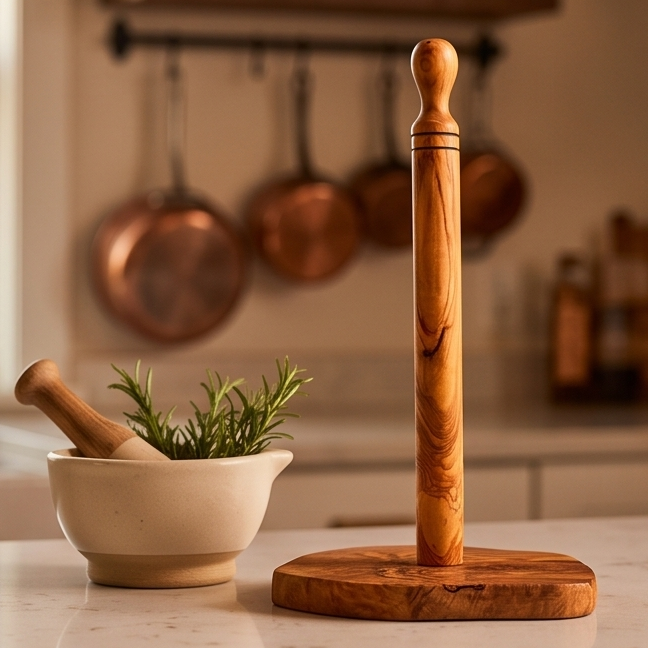 Handcrafted Olive Wood Paper Towel Holder (30 cm) | Standing Roll Dispenser