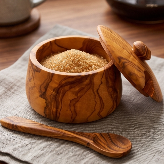 Handcrafted Olive Wood Sugar Bowl with Lid and Spoon Set | 10 cm