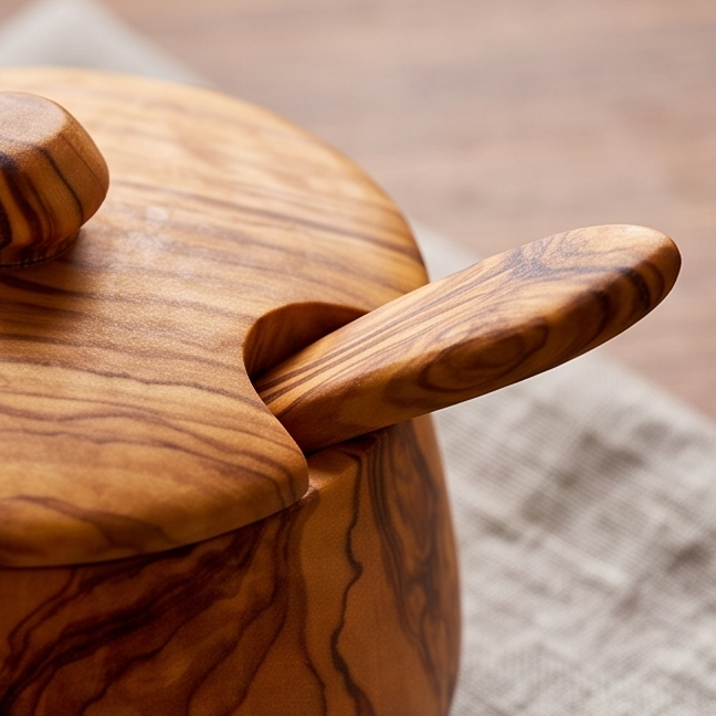 Handcrafted Olive Wood Sugar Bowl with Lid and Spoon Set | 10 cm