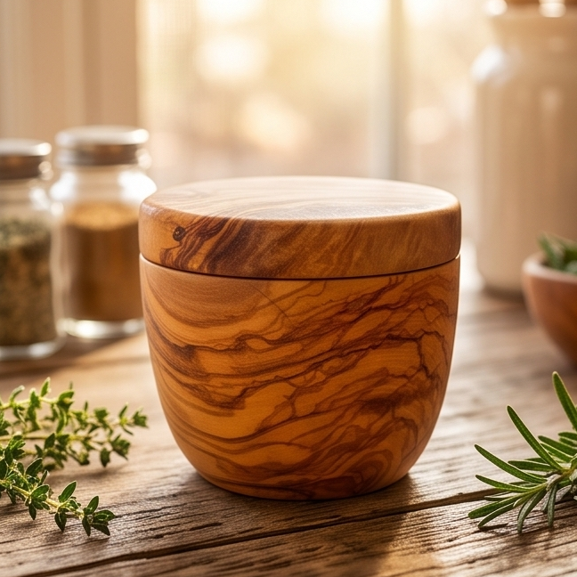 Handcrafted Olive Wood Sugar Jar with Swivel Lid | Salt Cellar (10x8 cm)
