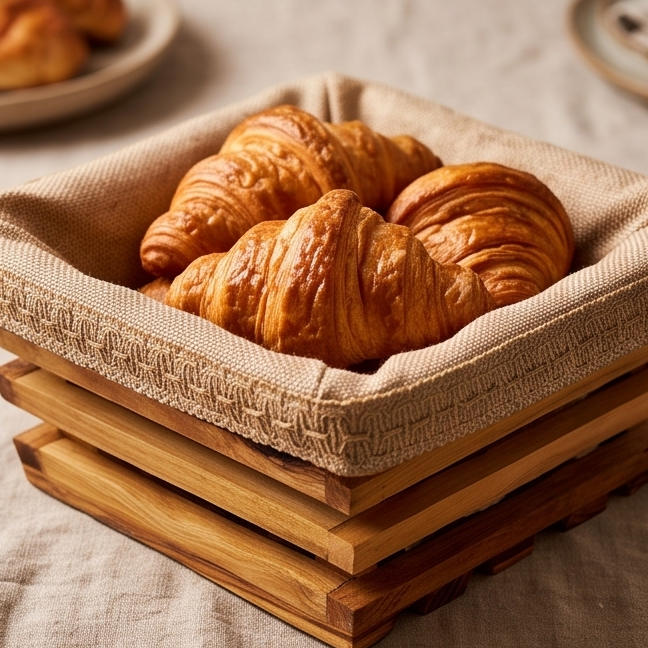 Hand-Carved Olive Wood Bread Basket with Removable Fabric Liner | Rustic Tray