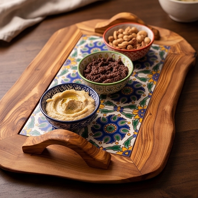 Rustic Olive Wood Ceramic Tray with Handle