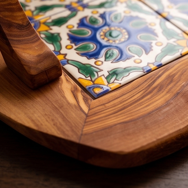 Rustic Olive Wood Ceramic Tray with Handle