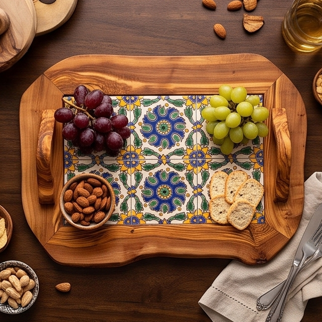 Rustic Olive Wood Ceramic Tray with Handle