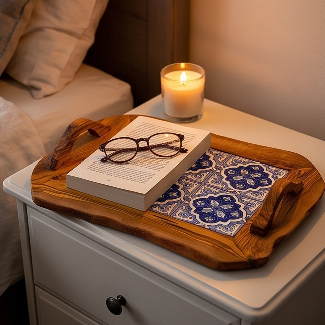 Rustic Olive Wood Ceramic Tray with Handle