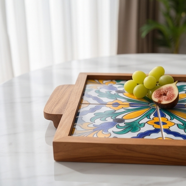 Handcrafted Olive Wood Tray with Hand-Painted Ceramic Tile Center