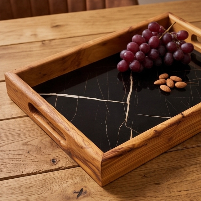 Rectangular Olive Wood Marble effect Tray with Handle