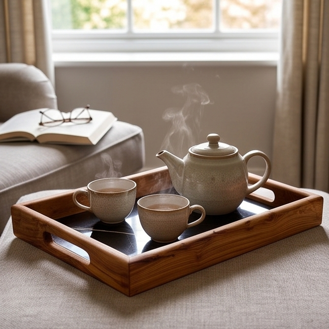 Rectangular Olive Wood Marble effect Tray with Handle