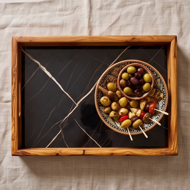Rectangular Olive Wood Marble effect Tray with Handle