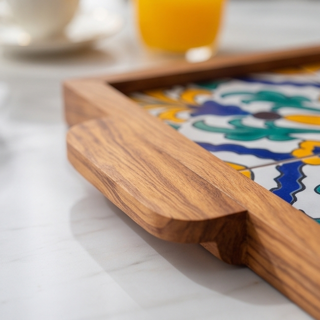 Handcrafted Olive Wood Tray with Hand-Painted Ceramic Tile Center