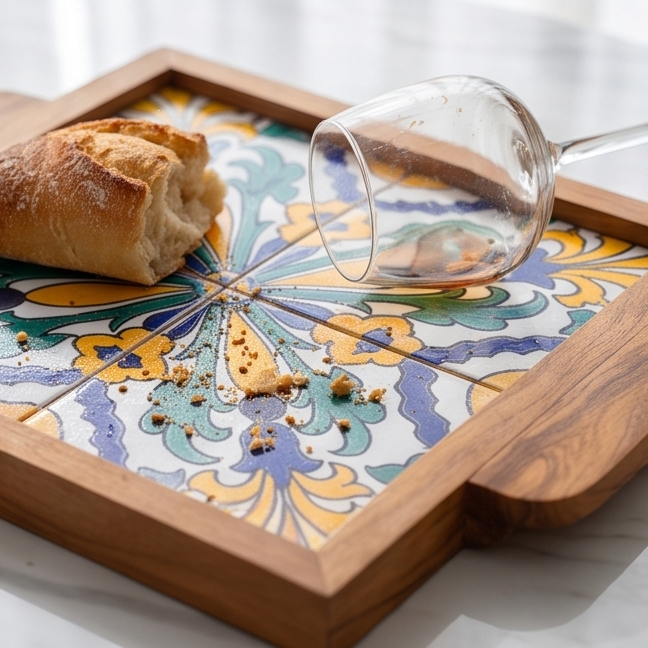 Handcrafted Olive Wood Tray with Hand-Painted Ceramic Tile Center