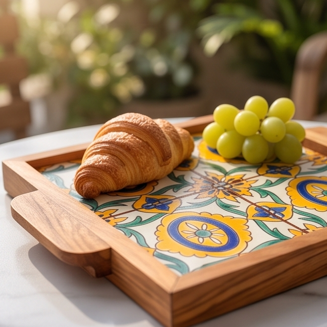 Square Olive Wood Ceramic Tray with Handle 20cm * 20cm