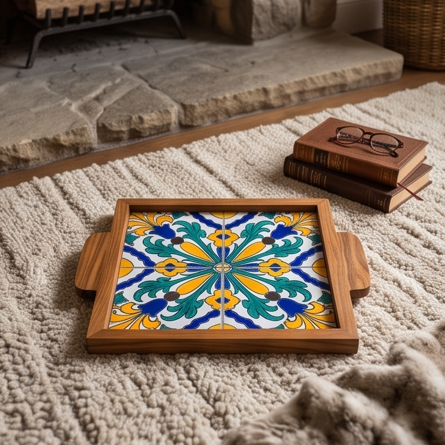 Handcrafted Olive Wood Tray with Hand-Painted Ceramic Tile Center