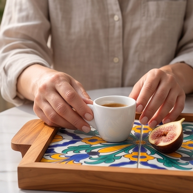 Square Olive Wood Ceramic Tray with Handle 20cm * 20cm