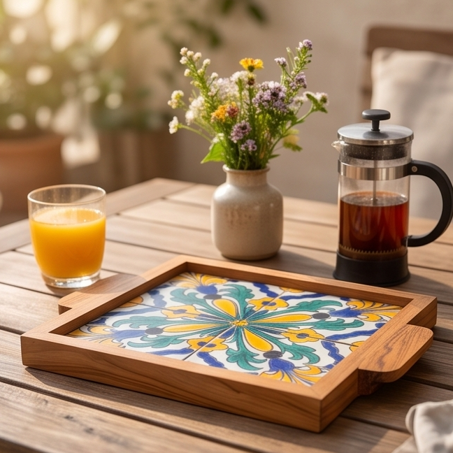 Square Olive Wood Ceramic Tray with Handle 20cm * 20cm