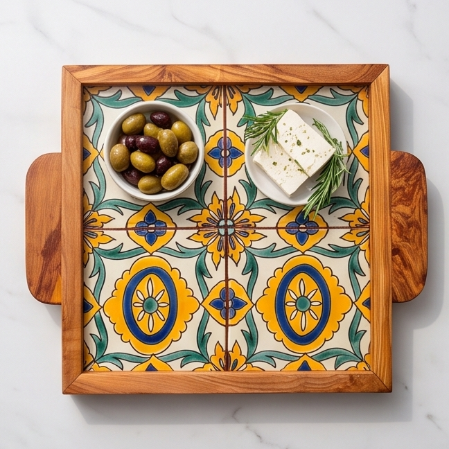 Square Olive Wood Ceramic Tray with Handle 20cm * 20cm