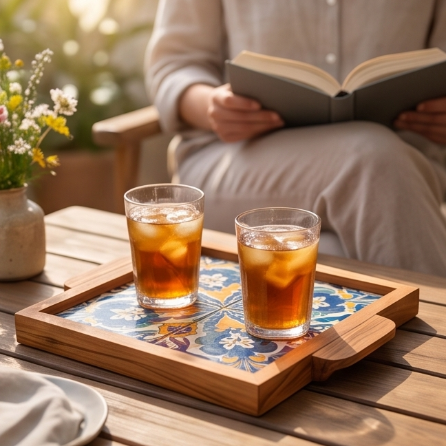 Square Olive Wood Ceramic Tray with Handle 20cm * 20cm