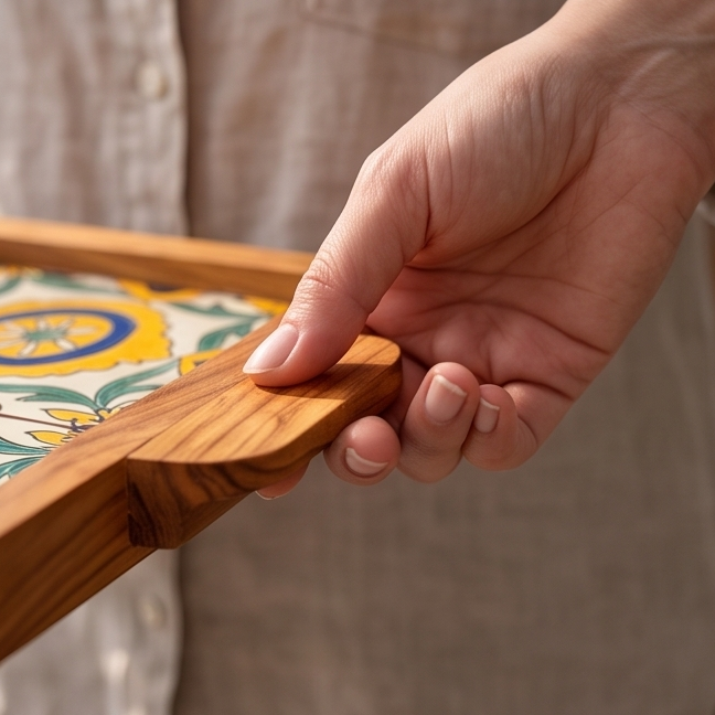 Square Olive Wood Ceramic Tray with Handle 20cm * 20cm
