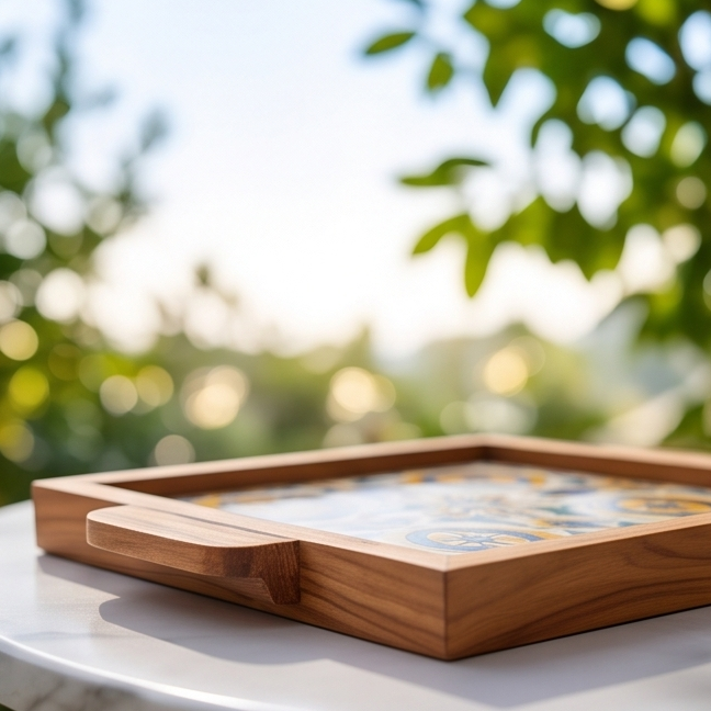 Square Olive Wood Ceramic Tray with Handle 20cm * 20cm