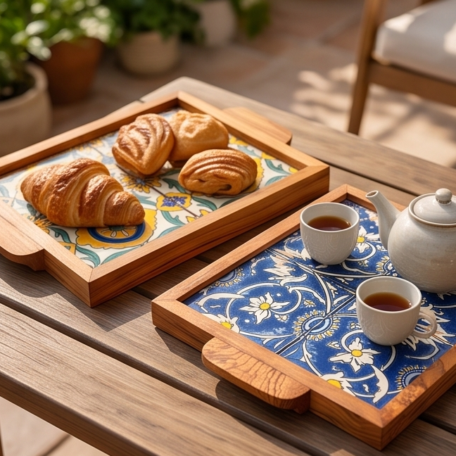 Square Olive Wood Ceramic Tray with Handle 20cm * 20cm