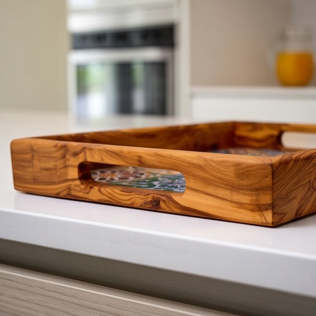 Rectangular Olive Wood Ceramic Tray with Handle 40 cm * 25 cm
