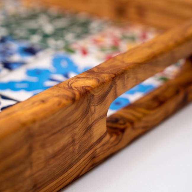 Rectangular Olive Wood Ceramic Tray with Handle 40 cm * 25 cm