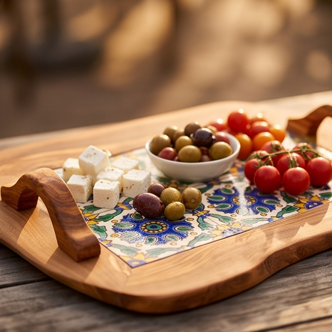 Rustic Olive Wood Ceramic Tray with Handle