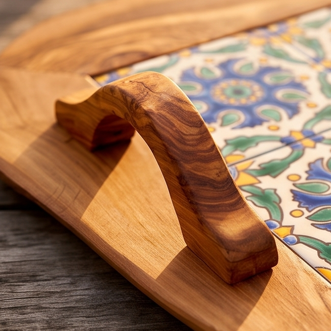 Rustic Olive Wood Ceramic Tray with Handle