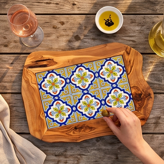 Rustic Olive Wood Ceramic Tray with Handle
