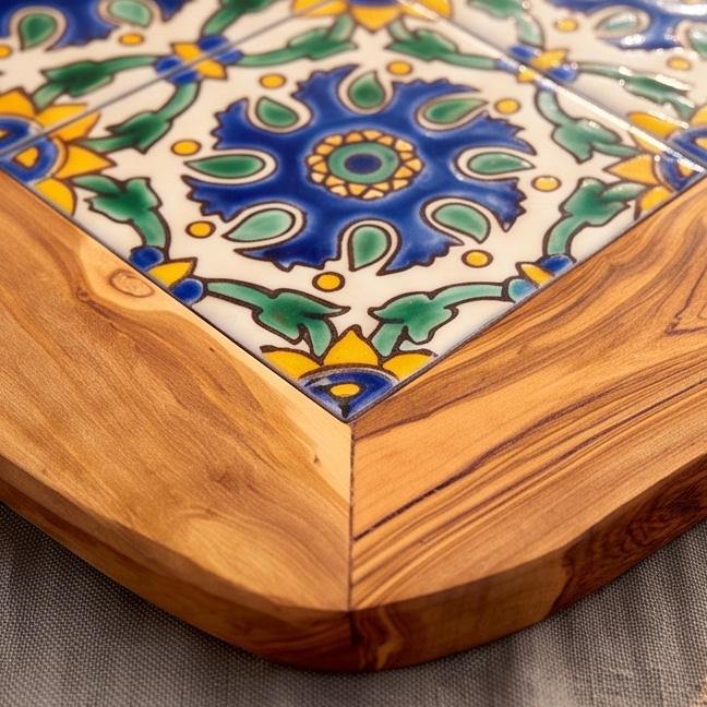Rustic Olive Wood Ceramic Tray with Handle