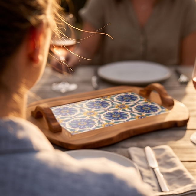 Rustic Olive Wood Ceramic Tray with Handle