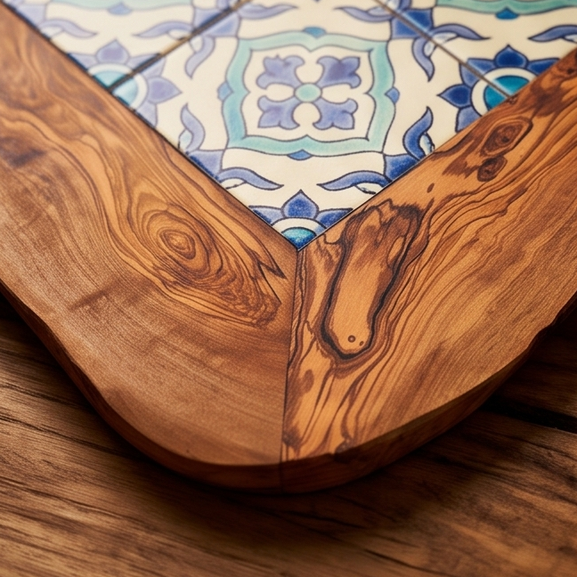 Rustic Olive Wood Ceramic Tray with Handle