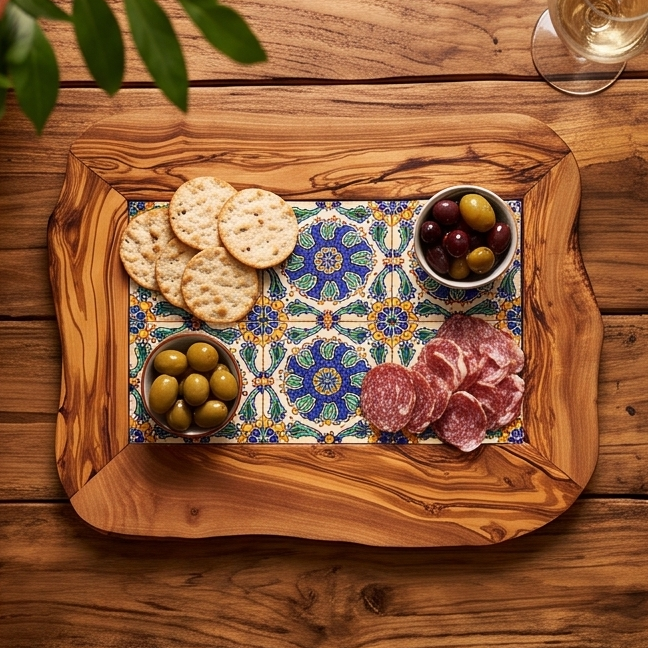 Rustic Olive Wood Ceramic Tray with Handle