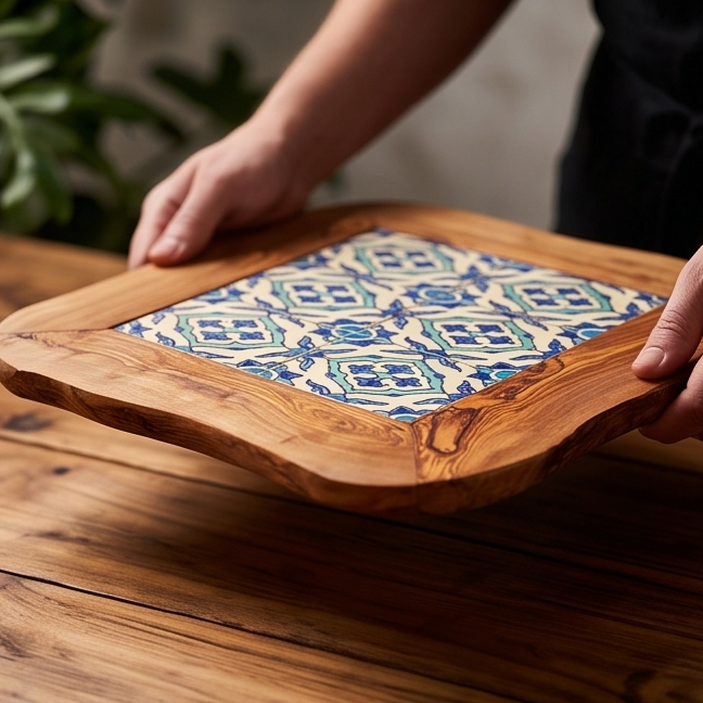 Rustic Olive Wood Ceramic Tray with Handle