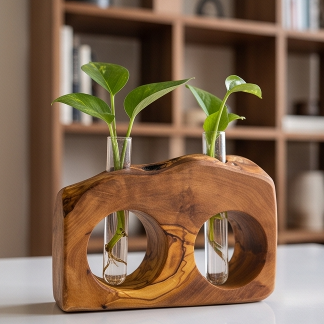 Rustic Olive Wood Propagation Vase | Desktop Plant Tube Vase