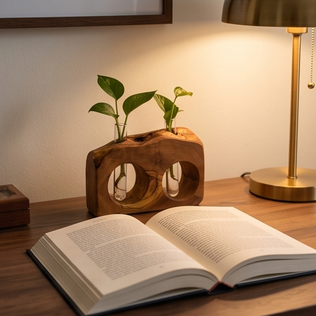 Rustic Olive Wood Propagation Vase | Desktop Plant Tube Vase