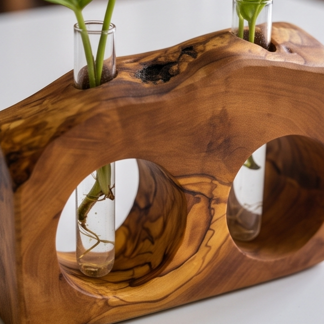 Rustic Olive Wood Propagation Vase | Desktop Plant Tube Vase
