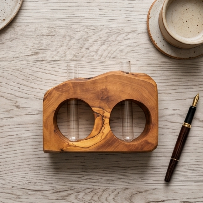 Rustic Olive Wood Propagation Vase | Desktop Plant Tube Vase