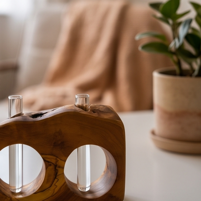 Rustic Olive Wood Propagation Vase | Desktop Plant Tube Vase