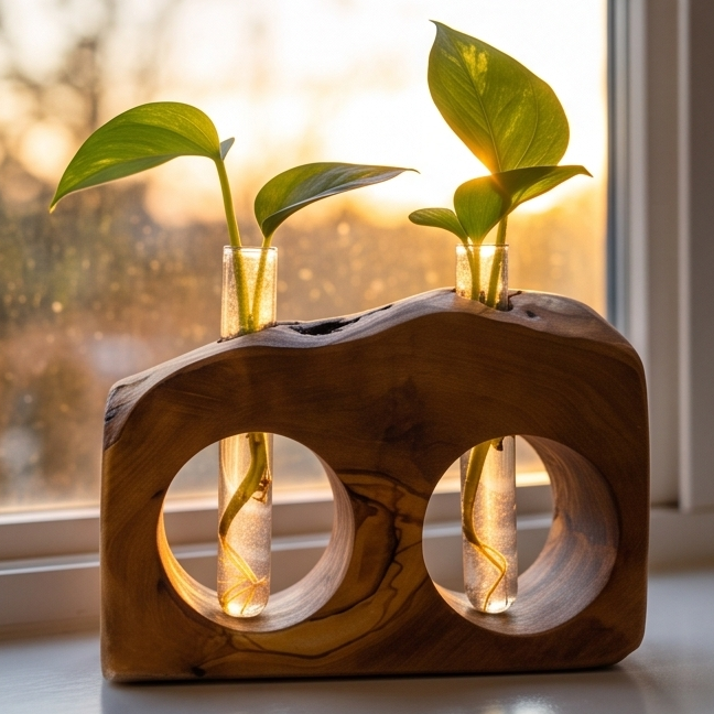 Rustic Olive Wood Propagation Vase | Desktop Plant Tube Vase