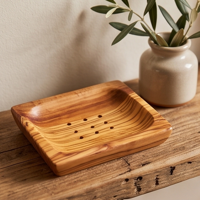 Olive Wood Non-Slip Self Drain Soap Bar Holder Dish 12 cm