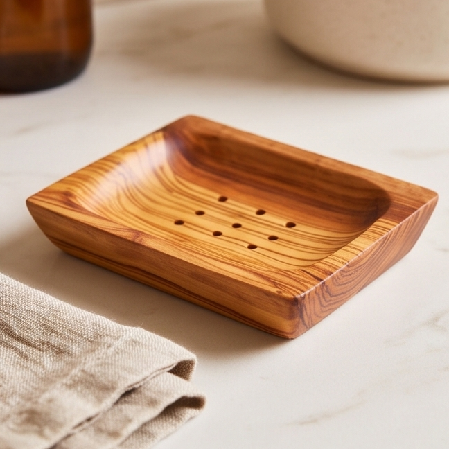 Olive Wood Non-Slip Self Drain Soap Bar Holder Dish 12 cm