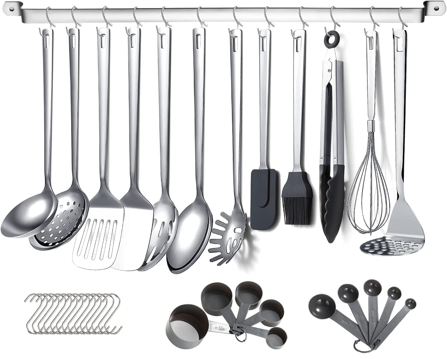 37-Piece Stainless Steel Kitchen Utensil Set, Cooking Utensil with Utensil Holder Rack and Hanging Hooks, Dishwasher Safe and Heat-Resistant