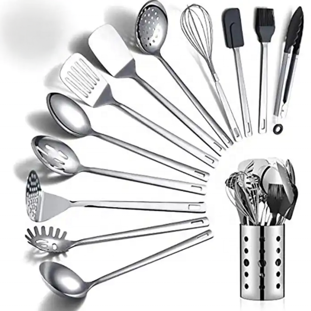 Stainless Steel Cooking Utensils Set, 13 Pieces Kitchen Utensils Set – Includes Heat-Resistant and Non-Stick Tools, Utensil Holder, Dishwasher Safe, and Easy to Clean