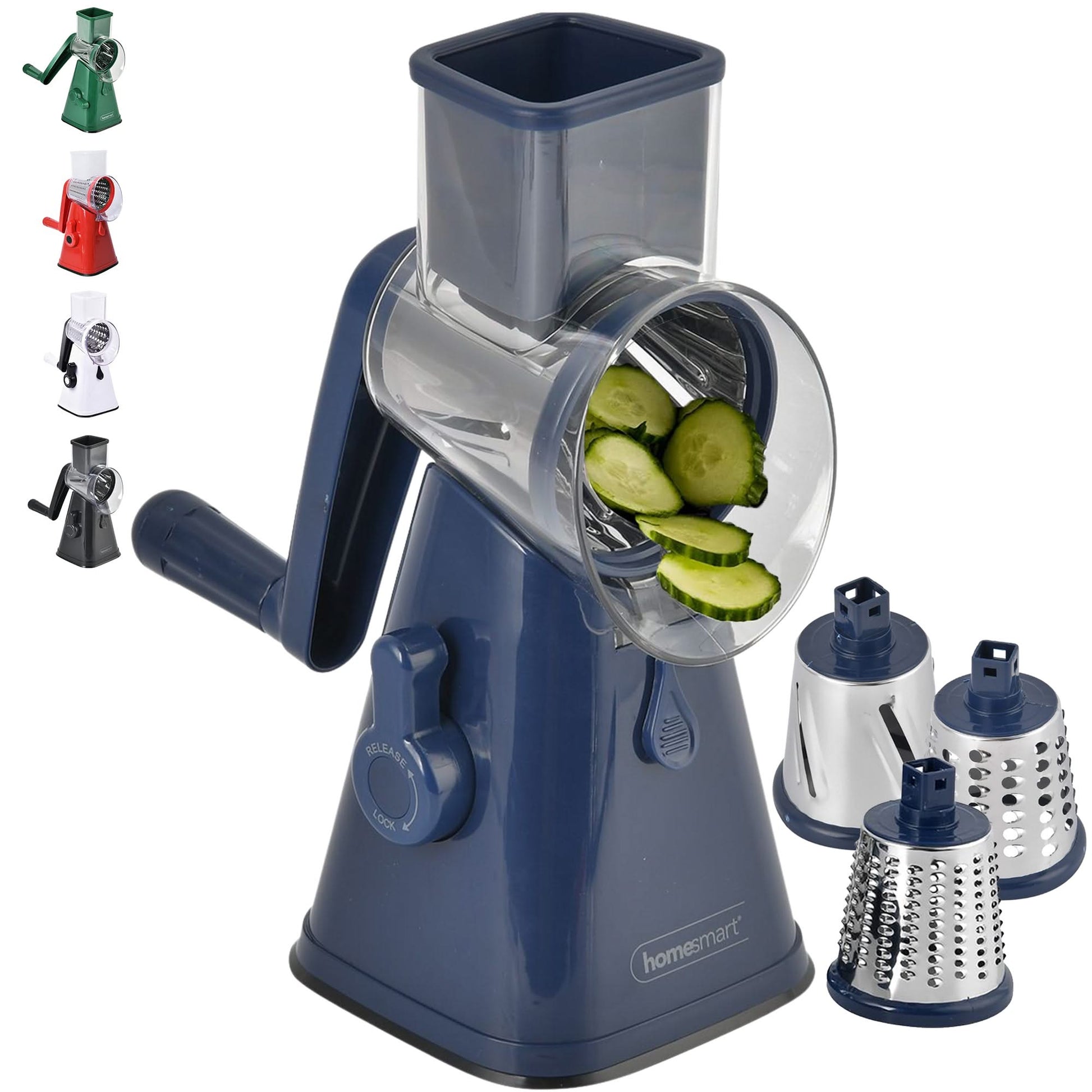 3 in 1 Rotary Cheese Grater SS Handheld Fruit Vegetable Slicer Shredder 3 in 1 Rotary Cheese Grater – Multifunctional Slicer and Shredder with Easy-to-Swap Stainless Steel Interchangeable Rotating Drum Blades for Effortless Kitchen Prep Tool(Blue)