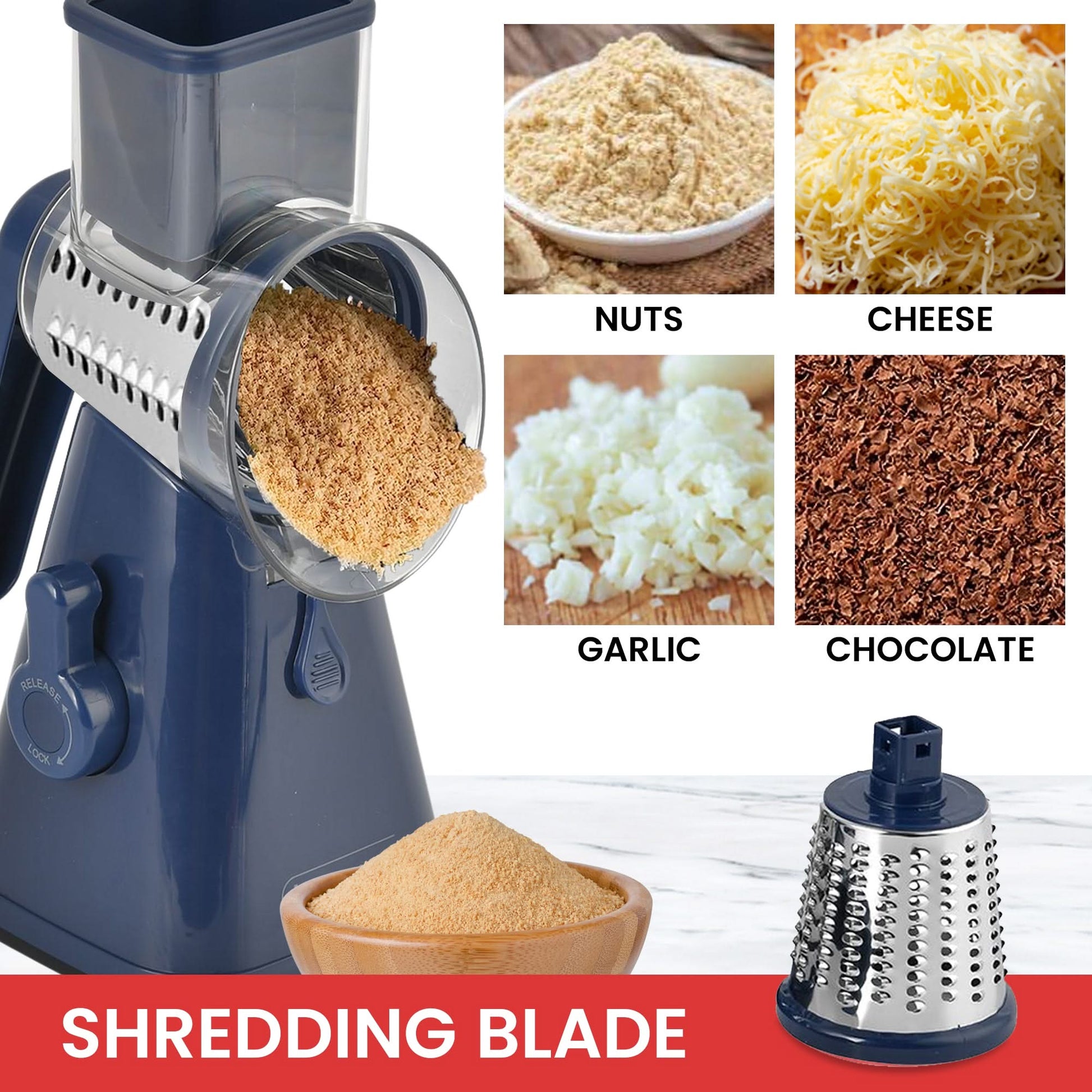 3 in 1 Rotary Cheese Grater SS Handheld Fruit Vegetable Slicer Shredder 3 in 1 Rotary Cheese Grater – Multifunctional Slicer and Shredder with Easy-to-Swap Stainless Steel Interchangeable Rotating Drum Blades for Effortless Kitchen Prep Tool(Blue)