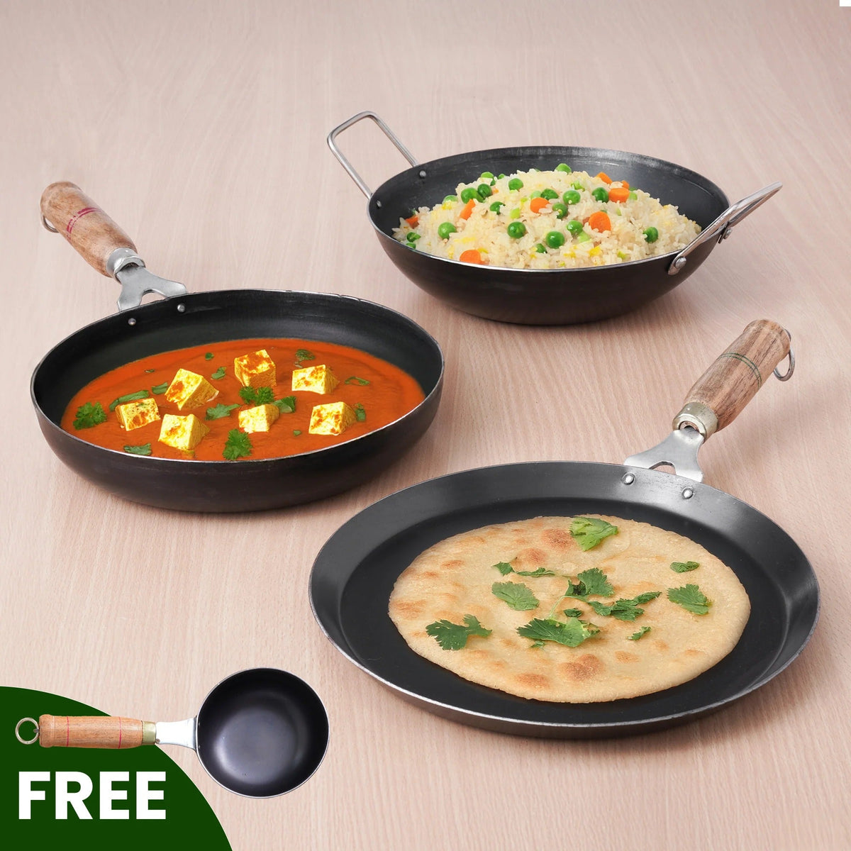 Iron Cooking Set of 3 Kadai (25.4 cm)+ Tawa(26.3 cm)+Fry Pan (25.4 cm)