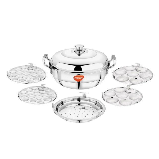 Triply SS Multi Kadai 5 Plates (2 Idli+2 Mini Idli+1 Steamer) Induction Gas