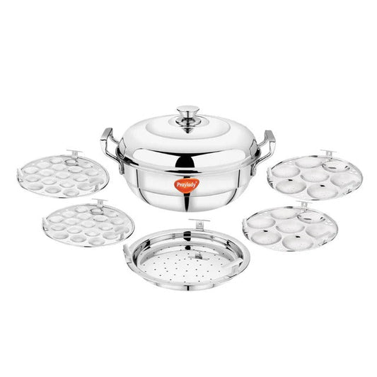 Triply SS Multi Kadai 5 Plates (2 Idli+2 Mini Idli+1 Steamer) Induction Gas